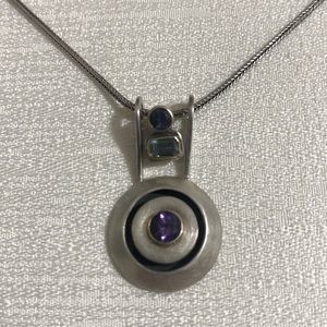 925 Sterling Silver Necklace w Onyx, Topaz, Amethyst Pendant